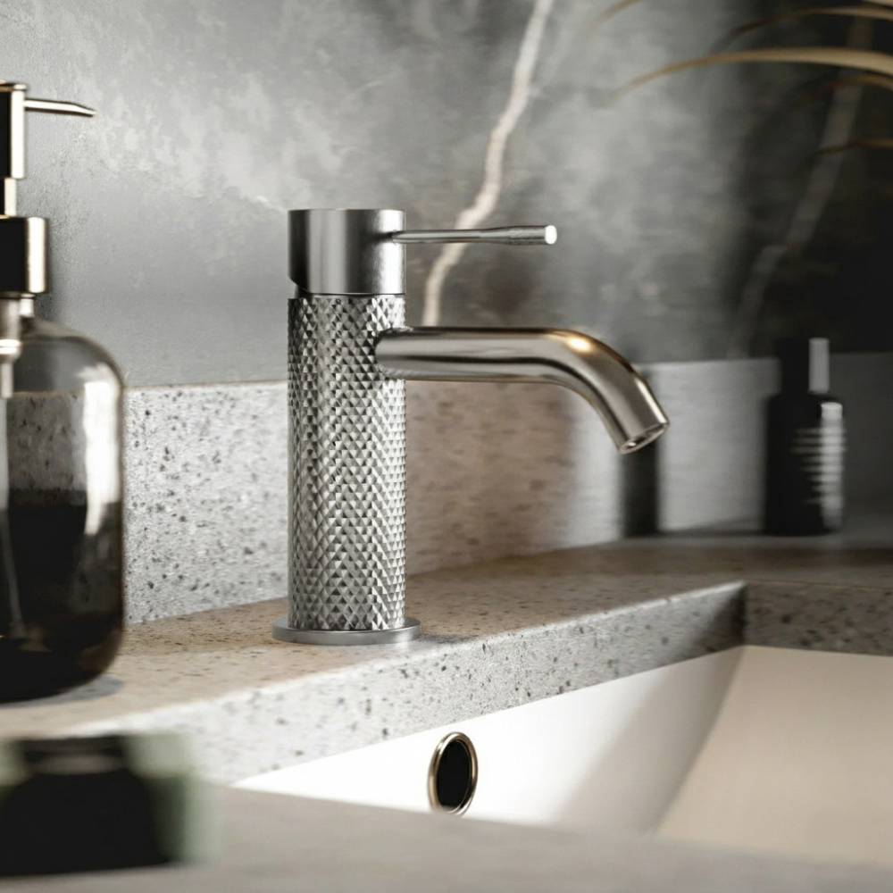 Moray Chrome single lever basin mixer tap featuring a textured knurled detailing - Roomset image