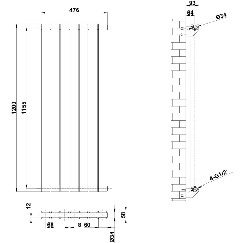 Perth White Double Vertical Flat Panel Radiator 1200x476mm
