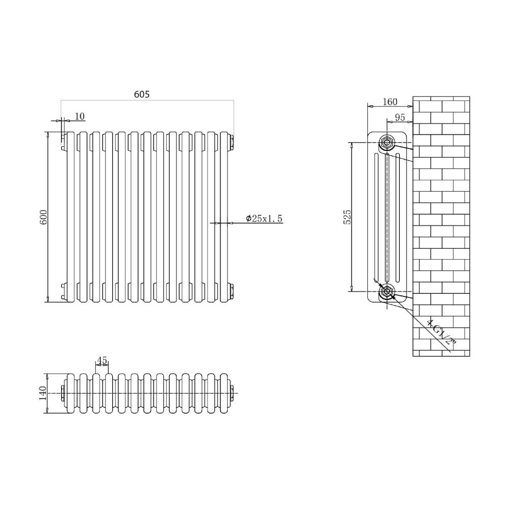 Upton Grey Quadruple Horizontal Column Radiator 600x605mm