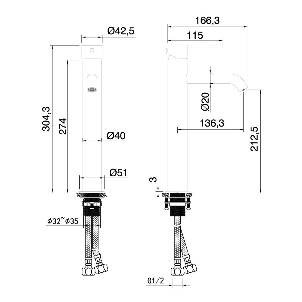Elora Tall Basin Mixer Tap Spec Drawing