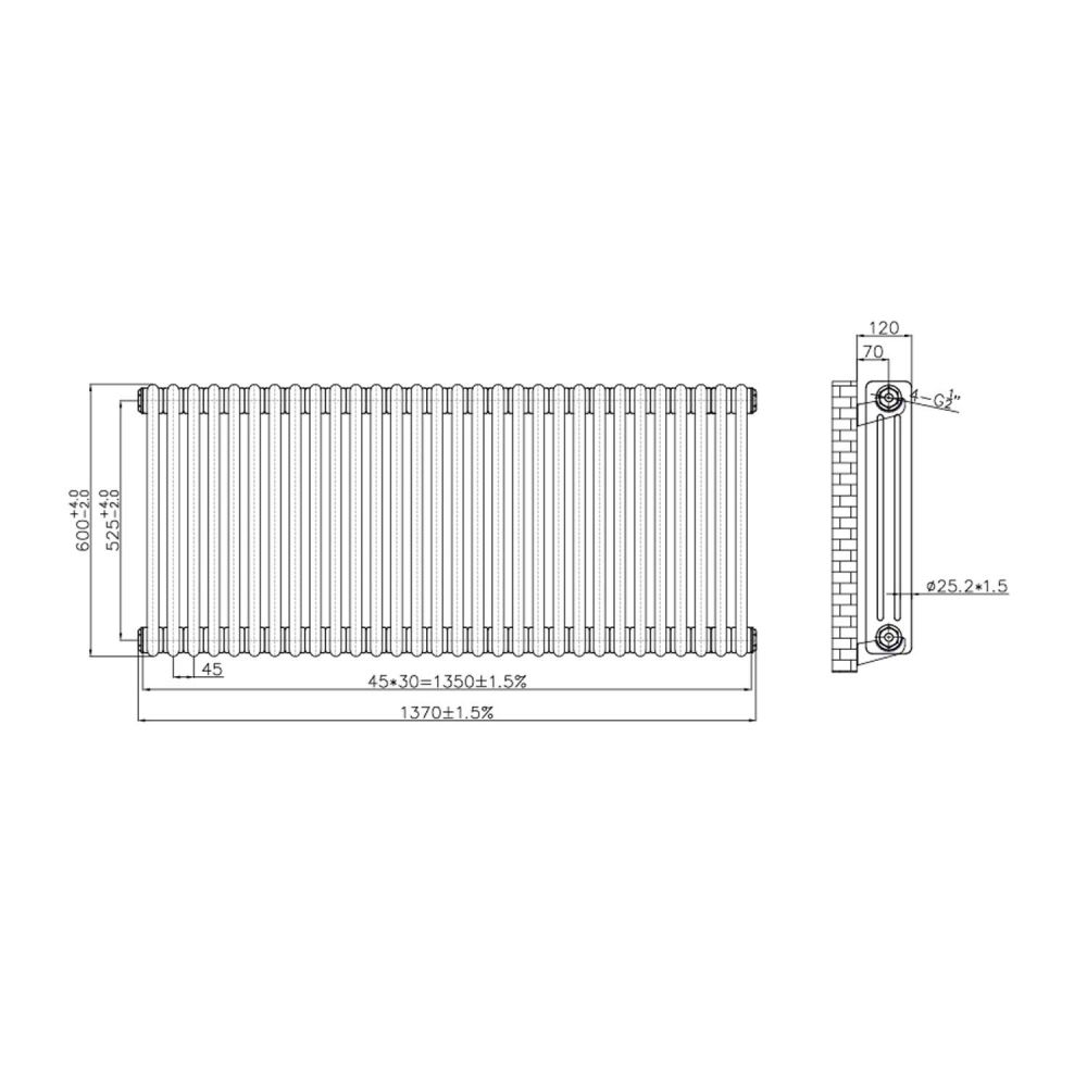 Clement Raw Metal Triple Horizontal Column Radiator 600x1370mm Spec