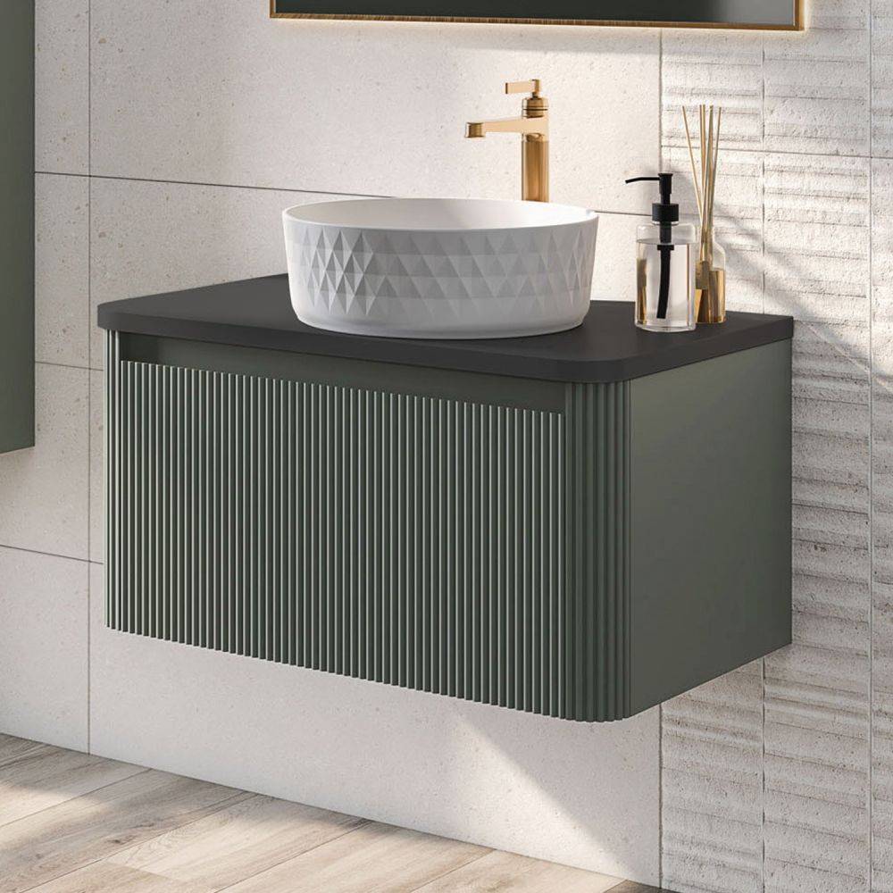 600mm Wish Ribbed Wall Hung Vanity Unit in Green with Black Worktop
