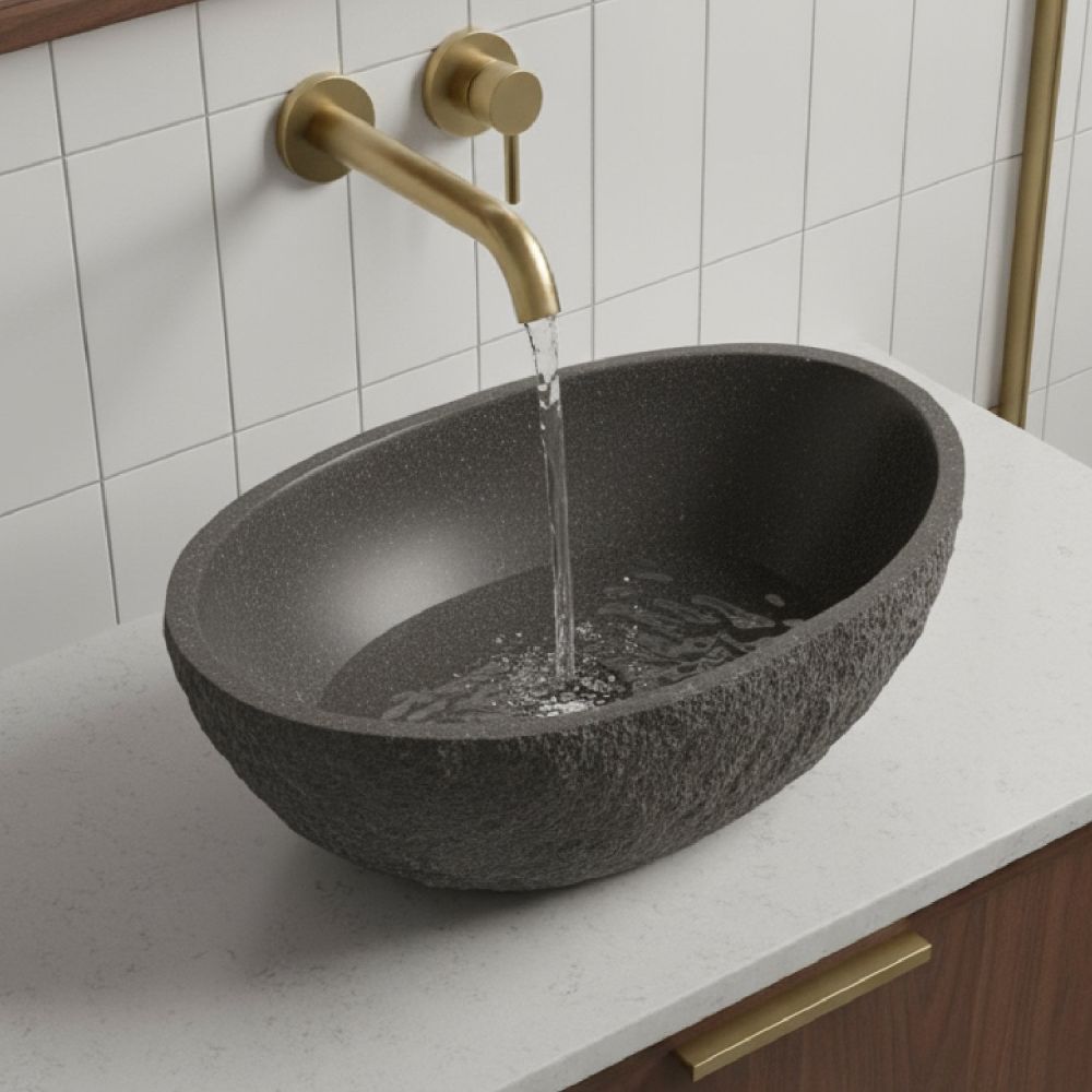 Bueno Concrete Ark Basin 548mm x 348mm Raw Stone Texture Dark Grey roomset