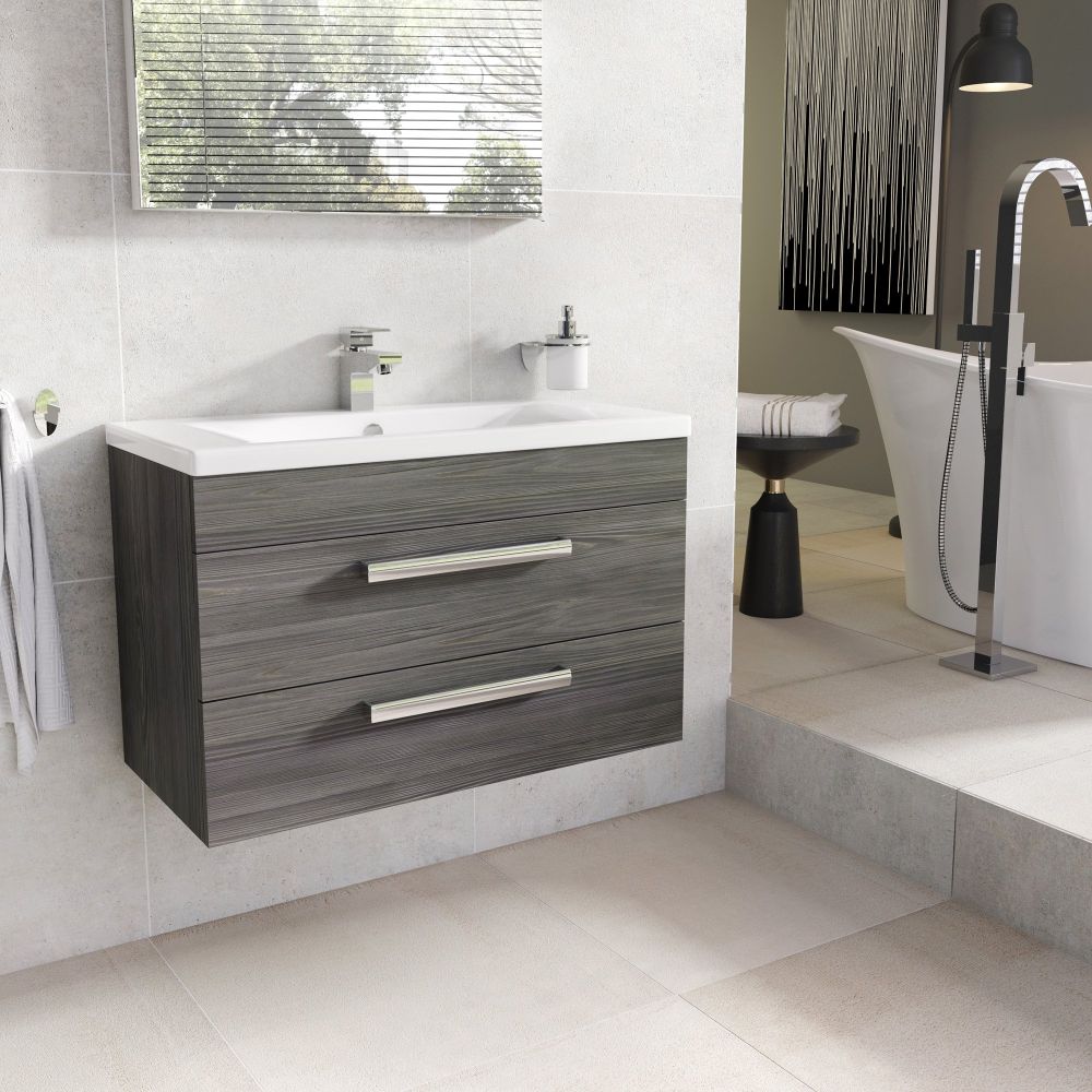 Nante Dark Elm Wall Hung Vanity Unit with Ceramic Basin 800mm
