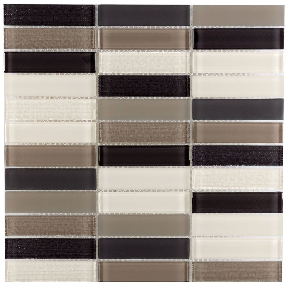 Side angle view of the Irene Eggshell Grey linear glass mosaic tile sheet displayed on a dark board