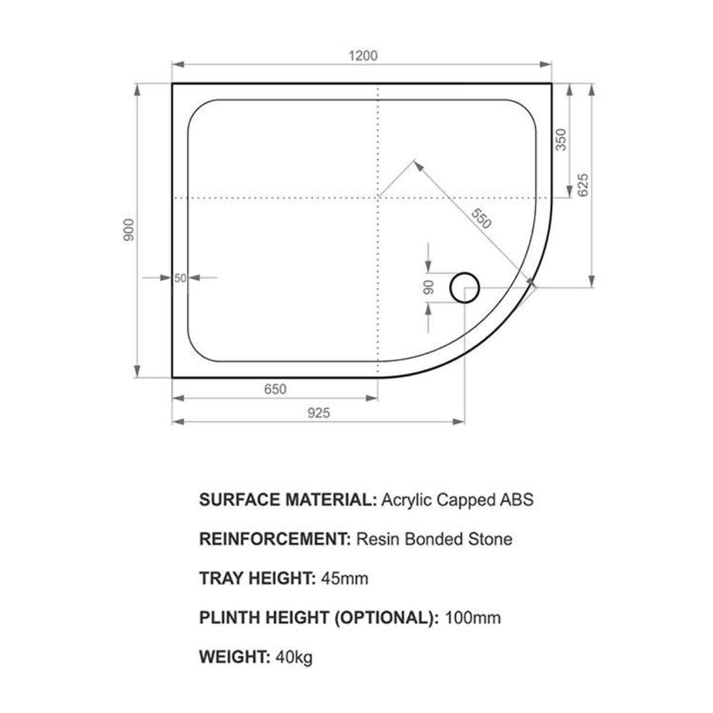 Kstone Left Hand Offset Quadrant Shower Tray 1000x800mm KSQ10080LH Spec Drawing