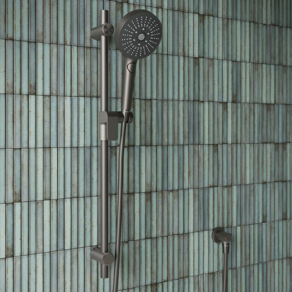 Aqualisa S3 gunmetal slide rail kit on an aqua tiled background