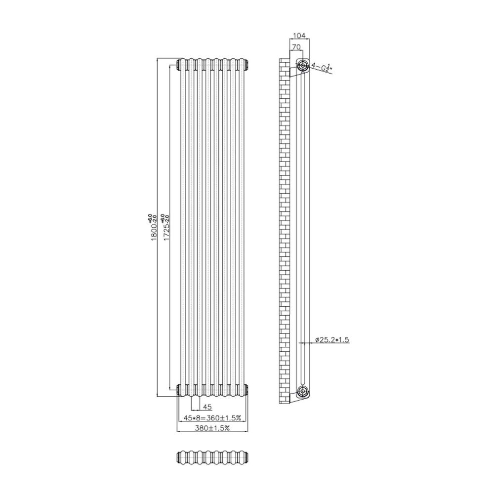 Clement Double Vertical Column Radiator 1800x380mm Technical Drawing