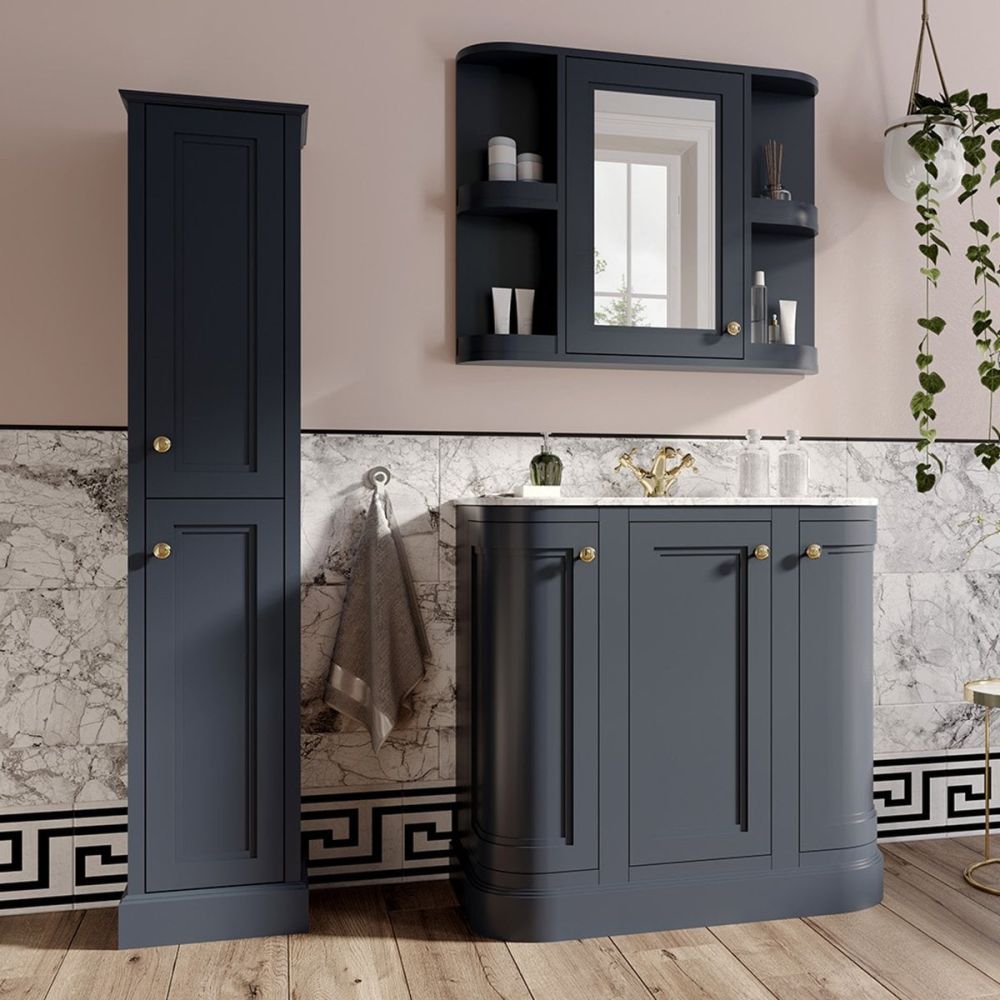 Traditional roomset image showing the Richmond Midnight Grey Curved Traditional Floor Standing Vanity Unit with White Marble Top 900mm