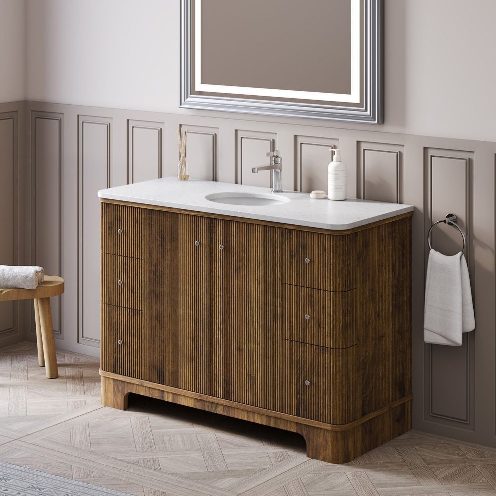 traditional setting showcasing the Hayward Walnut Ribbed Floor Standing Vanity Unit 1200mm