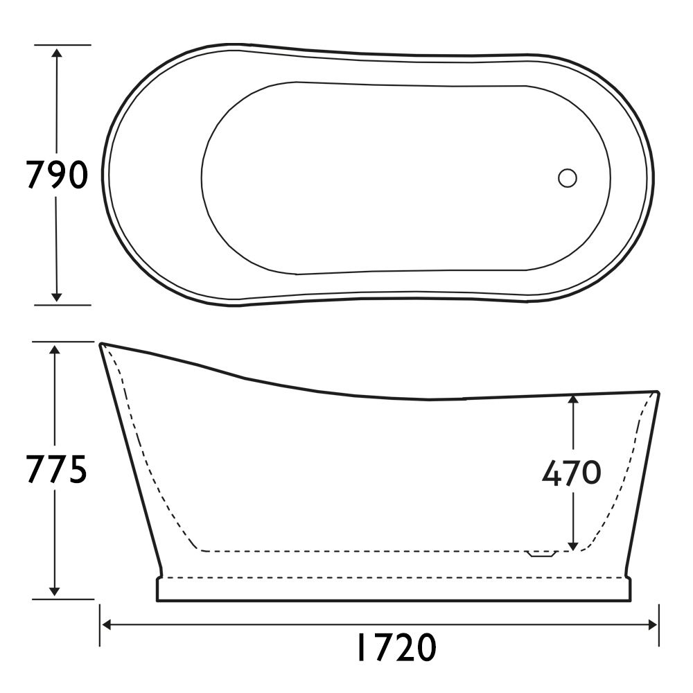 Tadeo Freestanding Acrylic Bath 1720x790mm dimensions