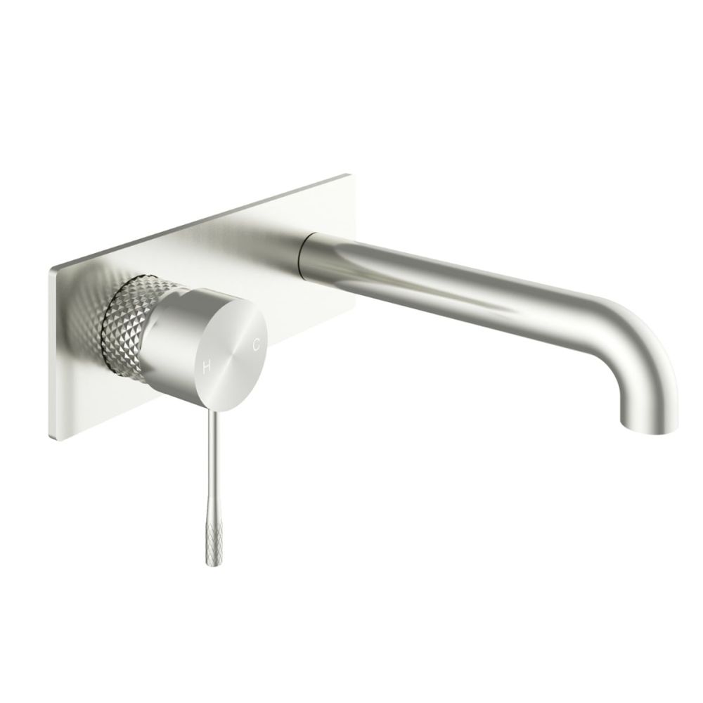 Moray Brushed Nickel wall mounted basin tap featuring a textured knurled detailing