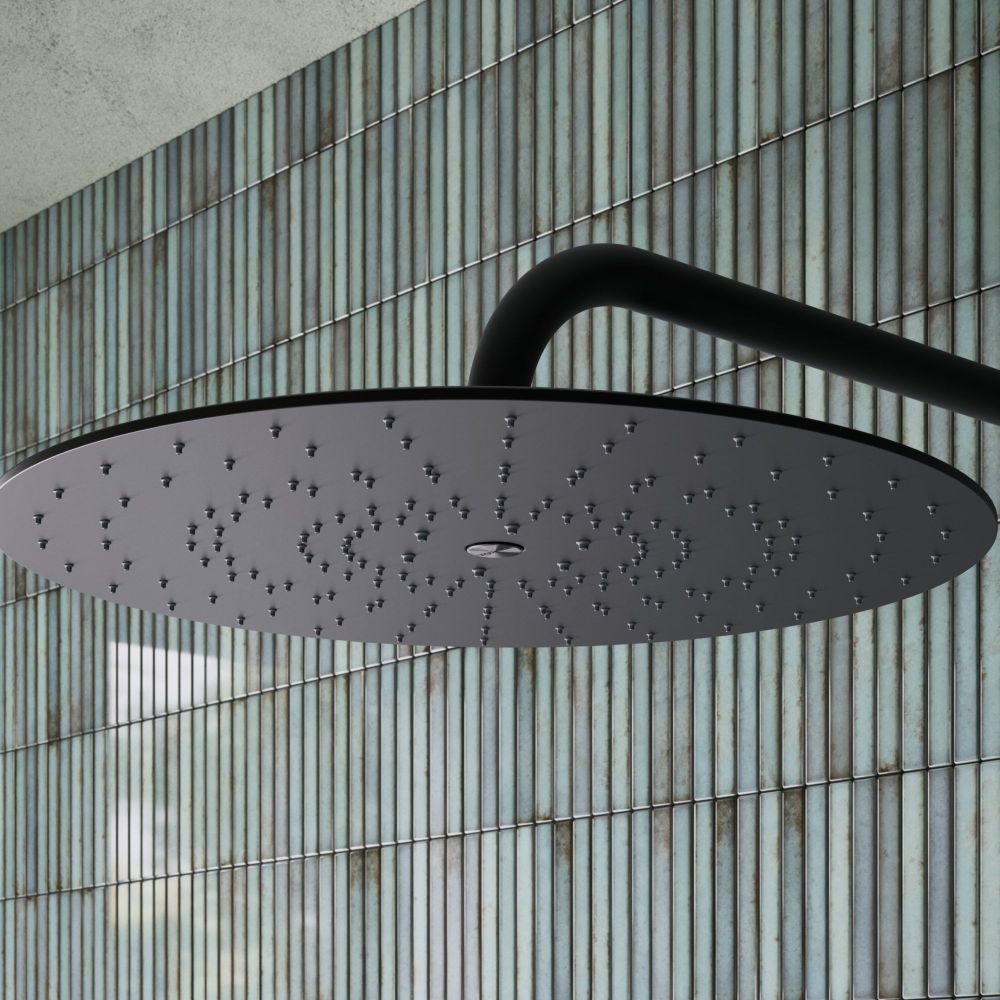 Aqualisa S3 black Wall Fixed Shower Head detailed view upon a teal tiled background