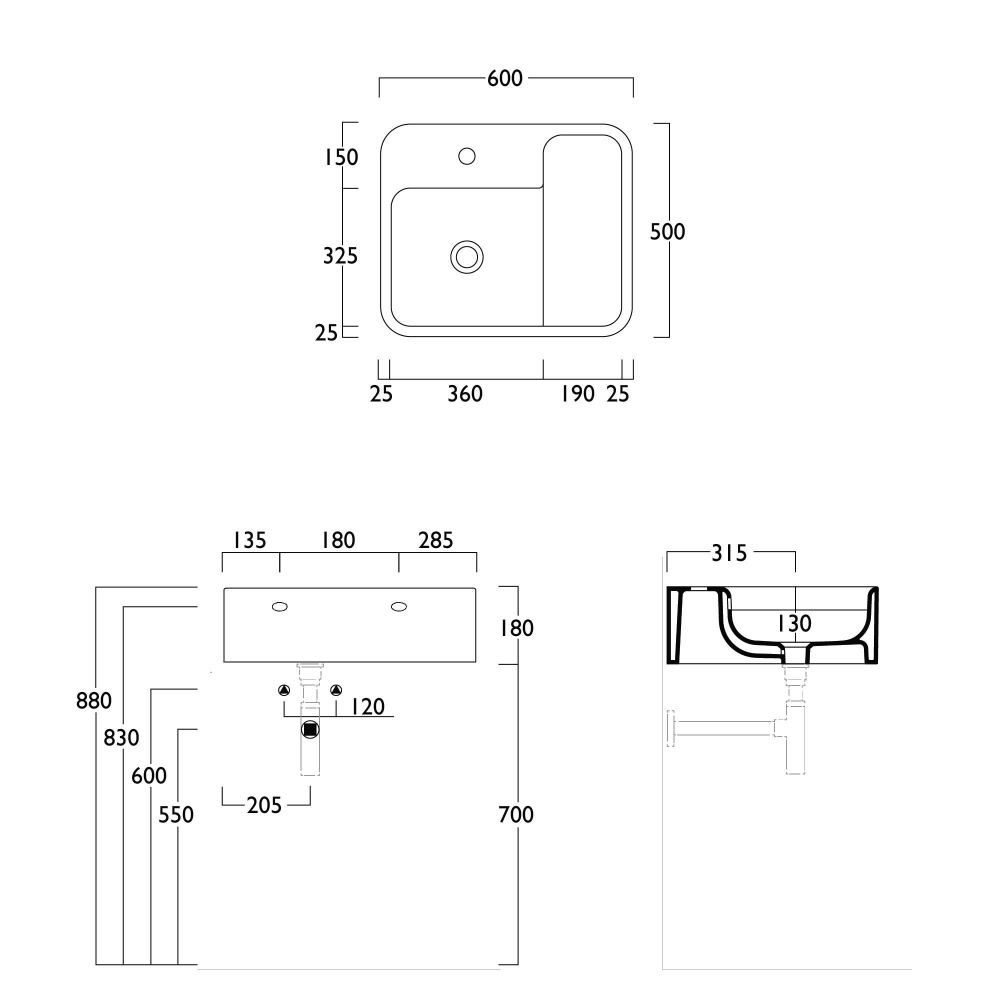 Verity Wall Hung or Countertop Basin in Menta Gloss Dimensions