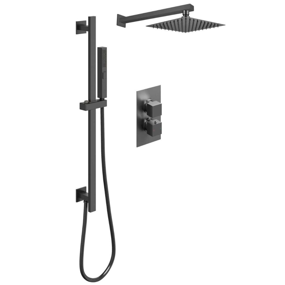 Zena Gunmetal Square Double Outlet Valve with Slide Rail Kit, Shower Head