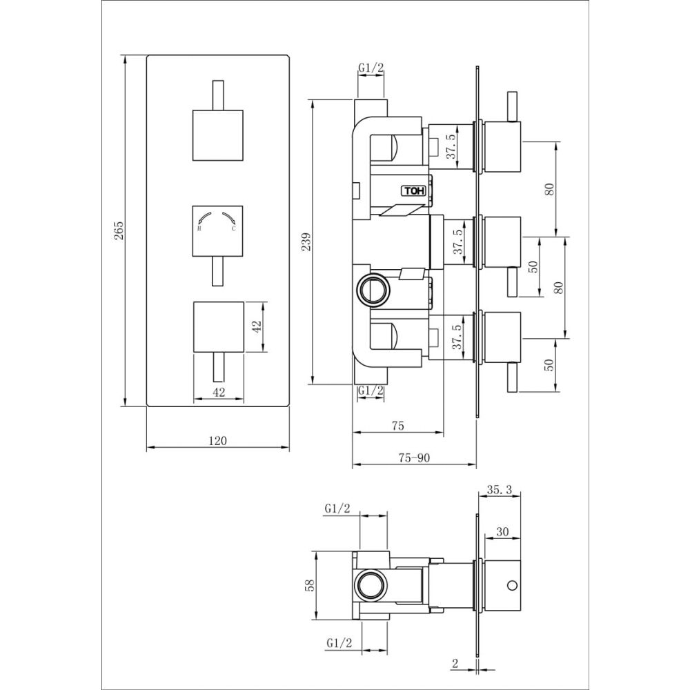 Double Outlet Square Concealed Shower Valve Spec