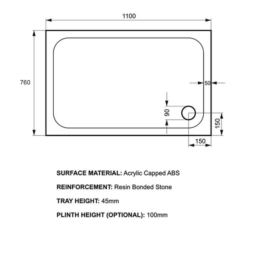 Kstone Rectangular Shower Tray 1100x760mm KS11076 Spec Drawing