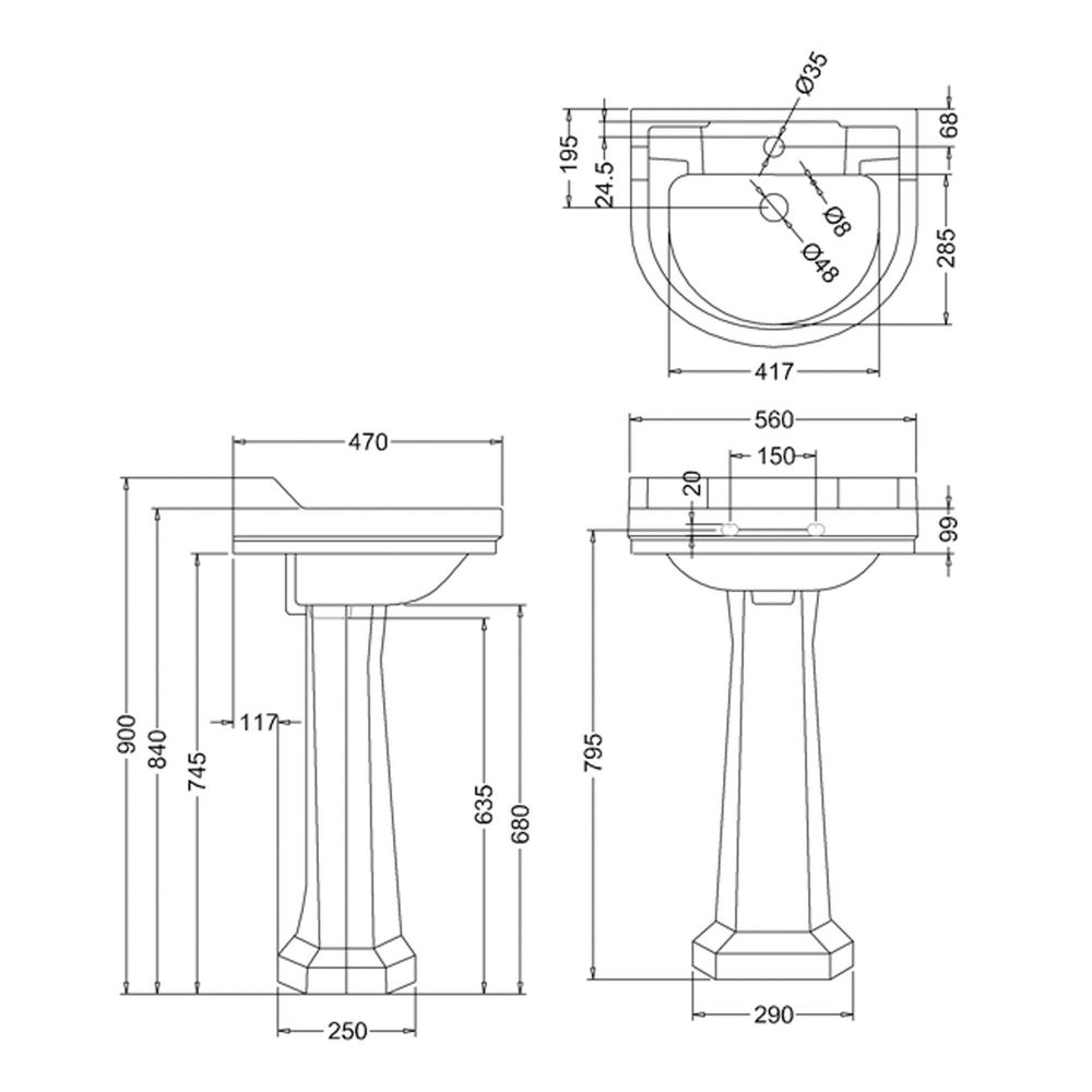 Burlington Edwardian Medium Square 1 Tap Hole Basin & Pedestal with Towel Rail