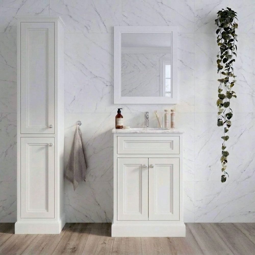 white marble bathroom with traditional styling, showing the Richmond White Floor Standing Traditional Vanity Unit with White Marble Top 600mm and coordinating furniture