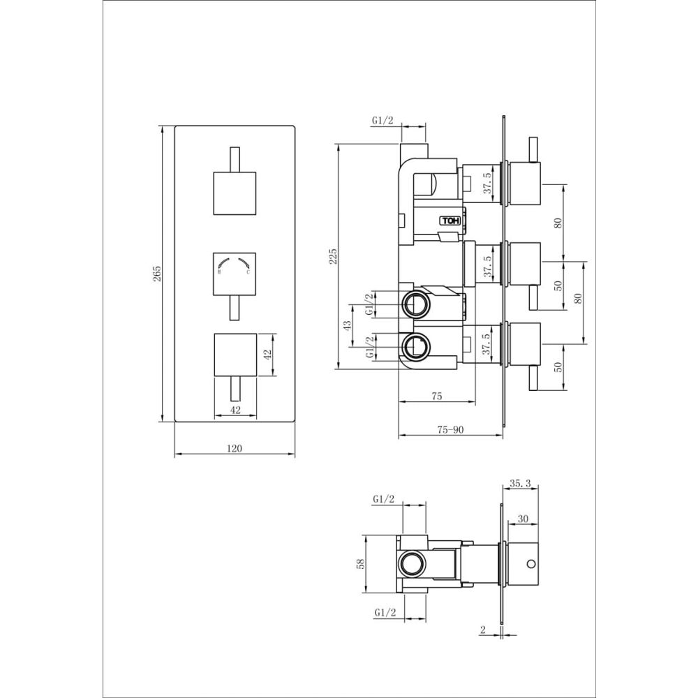 Triple Outlet Square Concealed Shower Valve with Diverter Spec