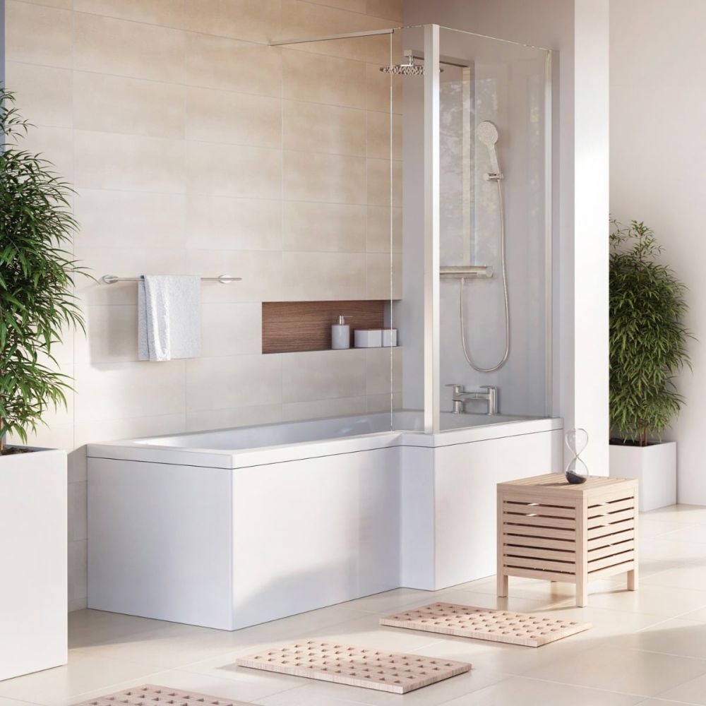 Lorenz Right Hand L-Shape Shower Bath 1700x820mm pictured witha white bath panel