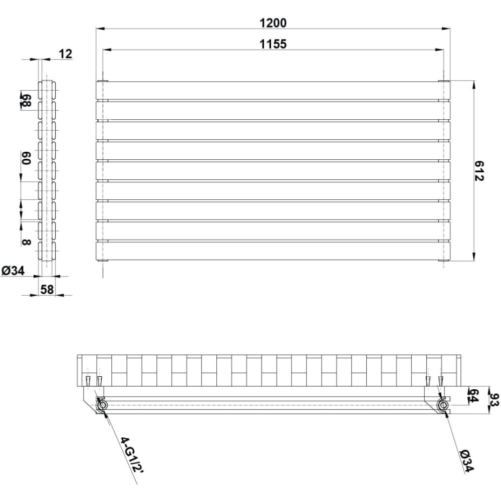 Perth White Double Horizontal Flat Panel Radiator 612x1200mm