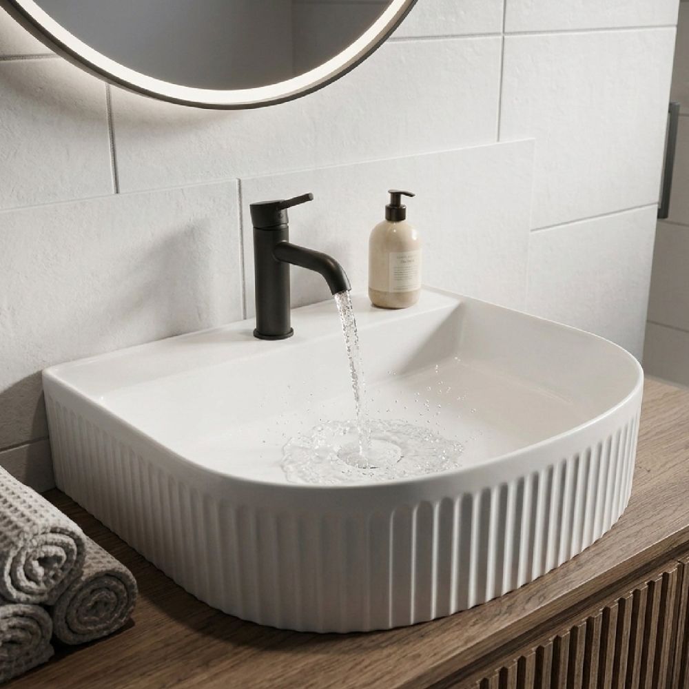 Alva Ribbed White Curved Countertop Basin