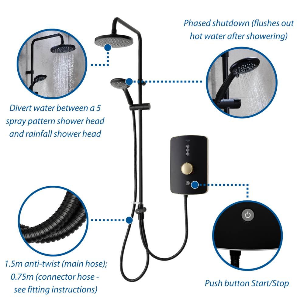 Triton Amala DuElec Matt Black Electric Shower, 9.5kw - Brushed Brass Features