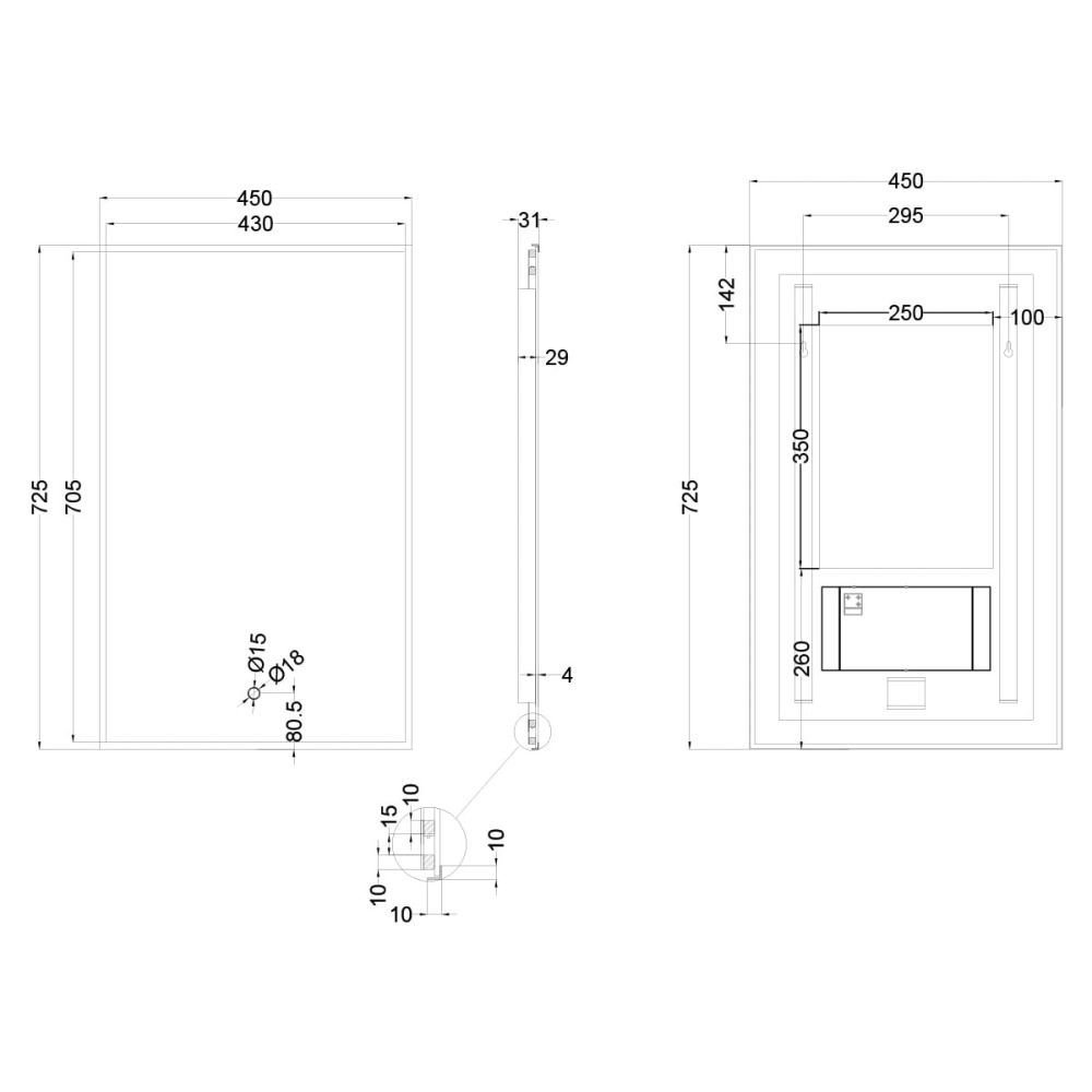 Rione Rectangular Backlit LED Heated Mirror 450x725mm Dimensions Drawing