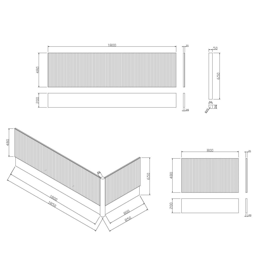 Wish Ribbed Front Bath Panel in Natural Oak Technical Drawing