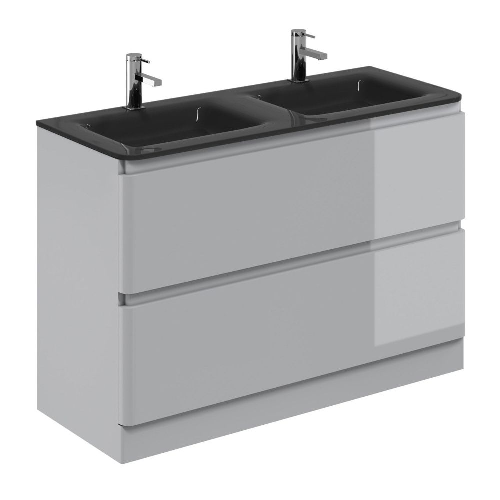 Neon Gloss Light Grey Floor Standing Vanity Unit with Grey Glass Basin 1200mm