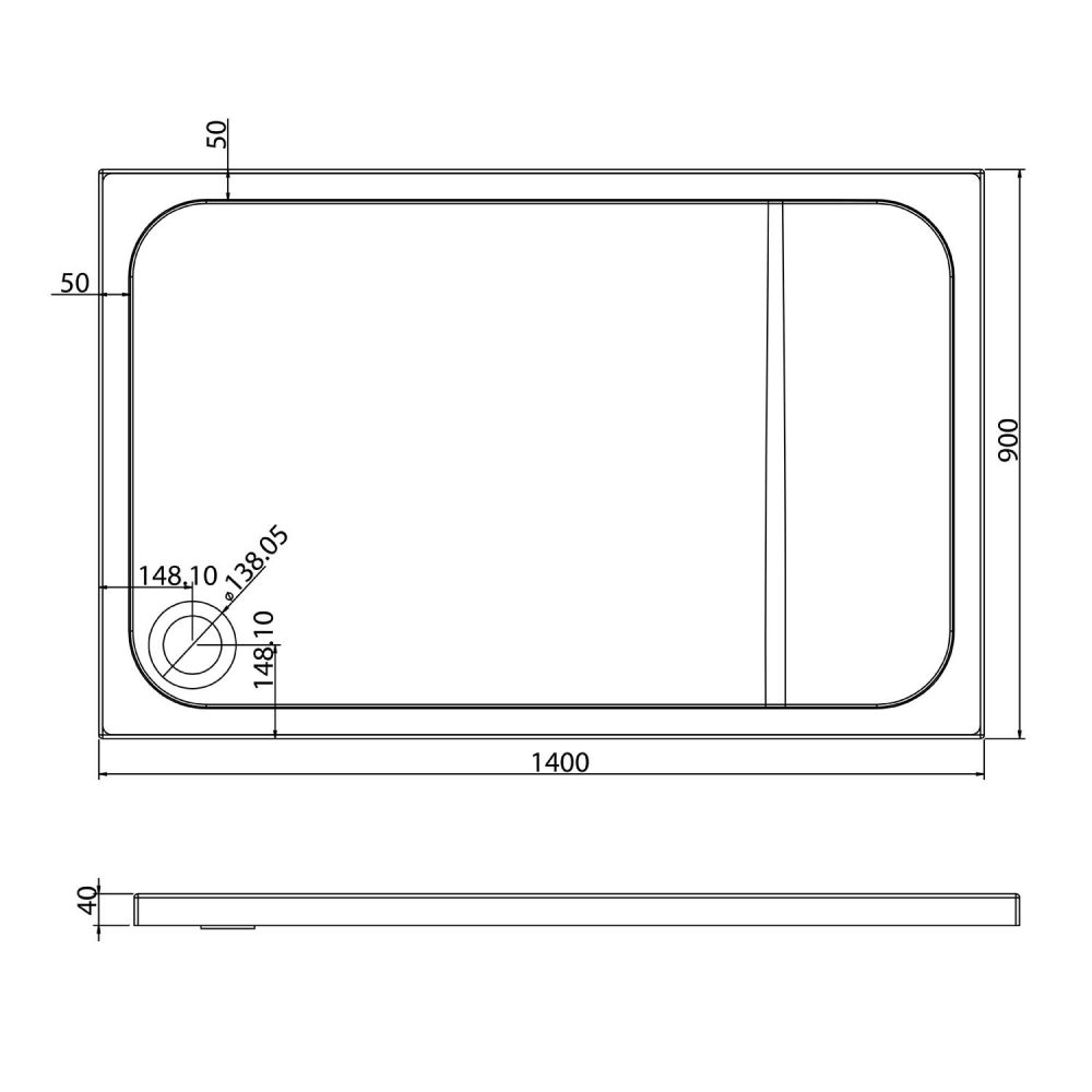 Low Profile Rectangle Shower Tray 1400x900mm Spec Drawing