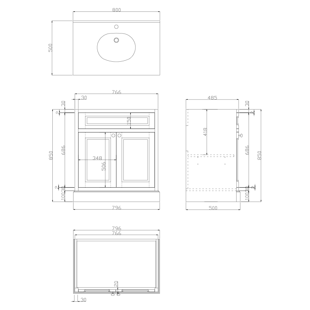 Richmond Light Grey Floor Standing Traditional Vanity Unit with White Marble Top 800mm Dimensions