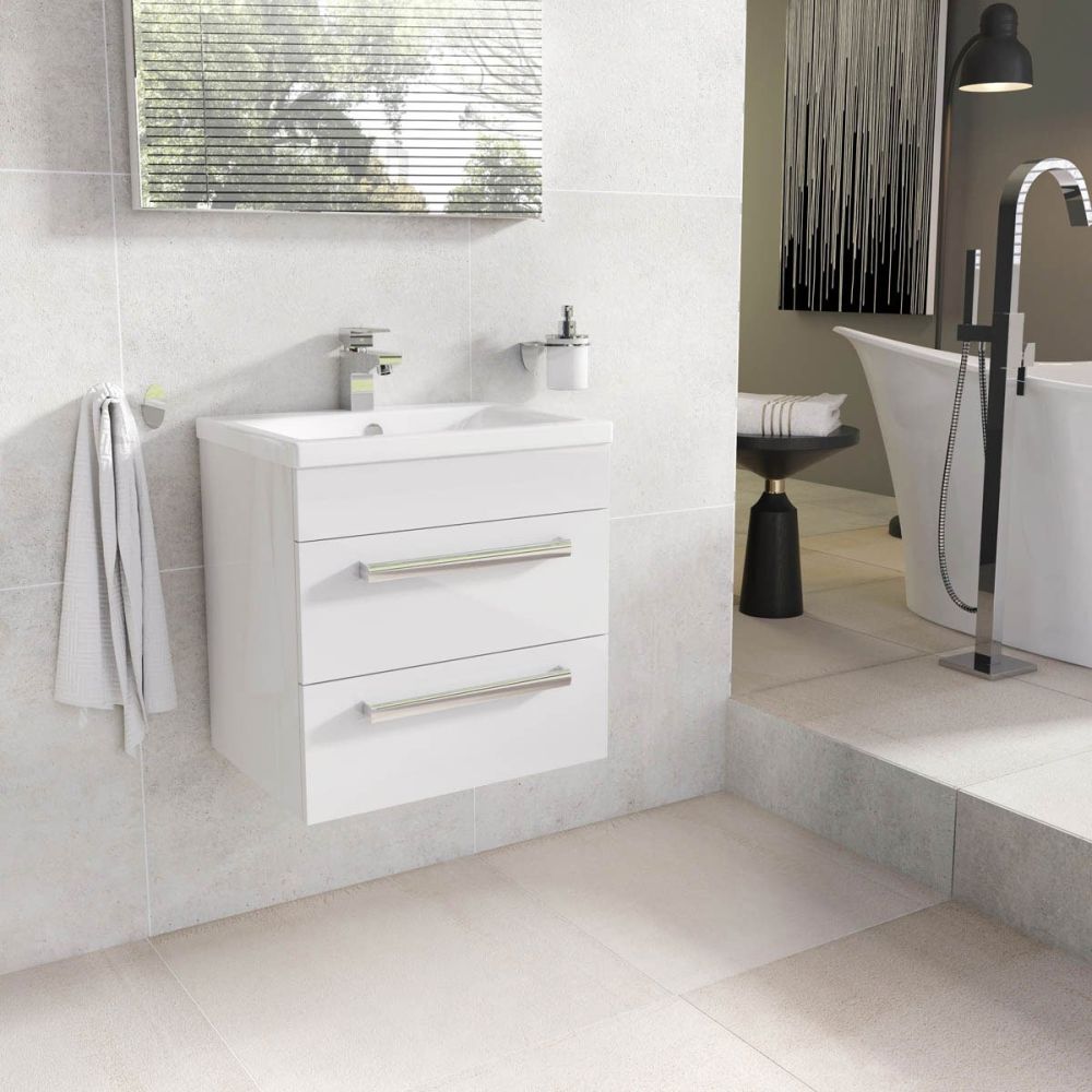 Nante Gloss White Wall Hung Vanity Unit with Ceramic Basin 600mm