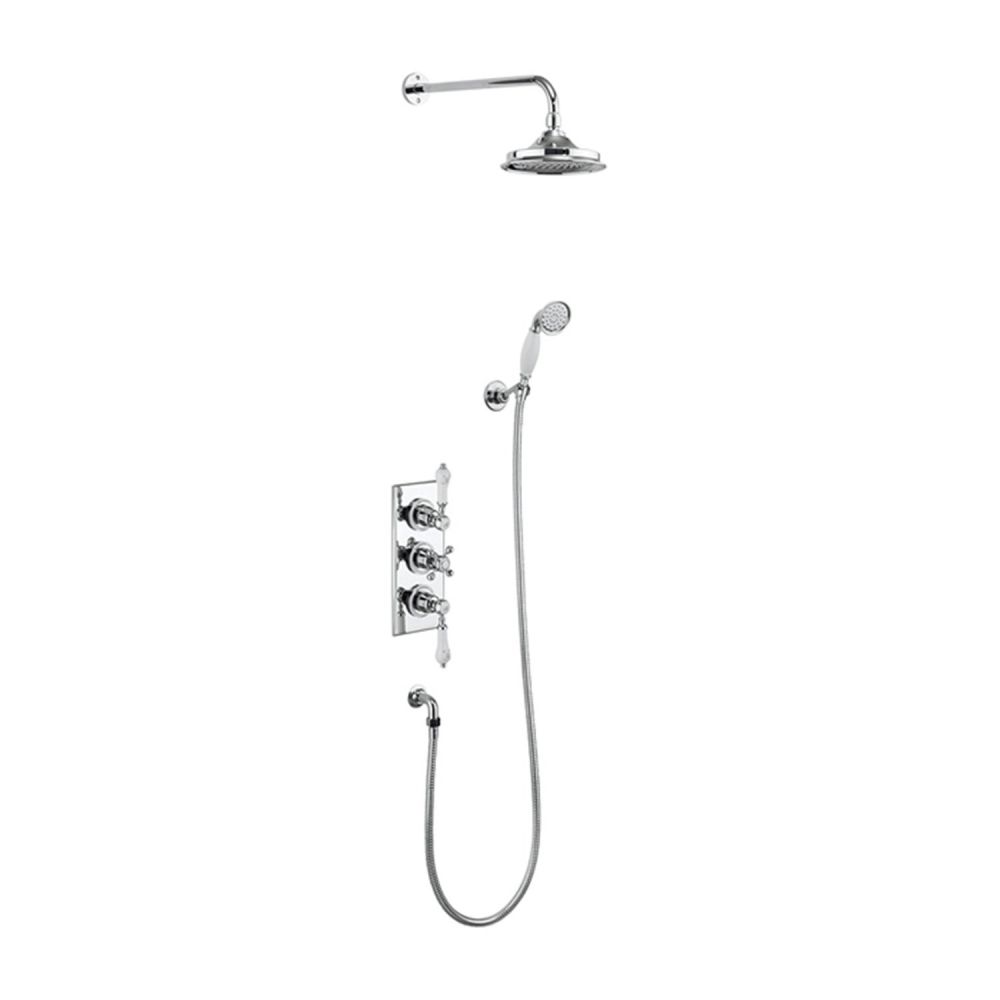 Burlington Trent Chrome Thermostatic Dual Outlet Concealed Shower Valve , Fixed Shower Arm, Handset & Holder with Hose with Rose