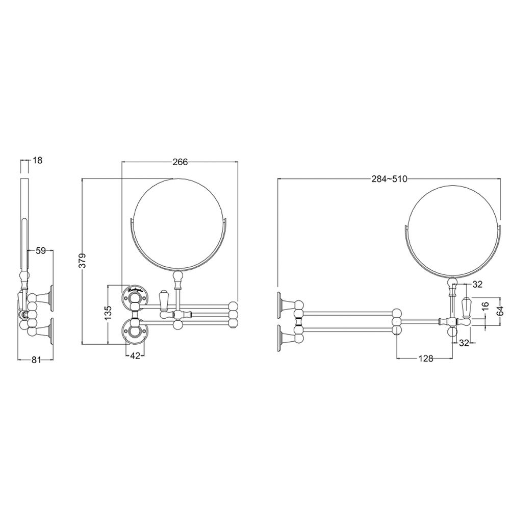 Burlington Chrome Traditional Cosmetic Shaving Extendable Wall Mirror A57CHR Dimension Drawing