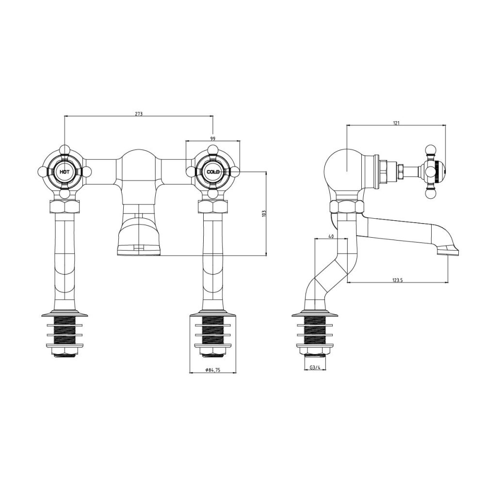 Grosvenor Chrome Bath Filler Tap - dimensions