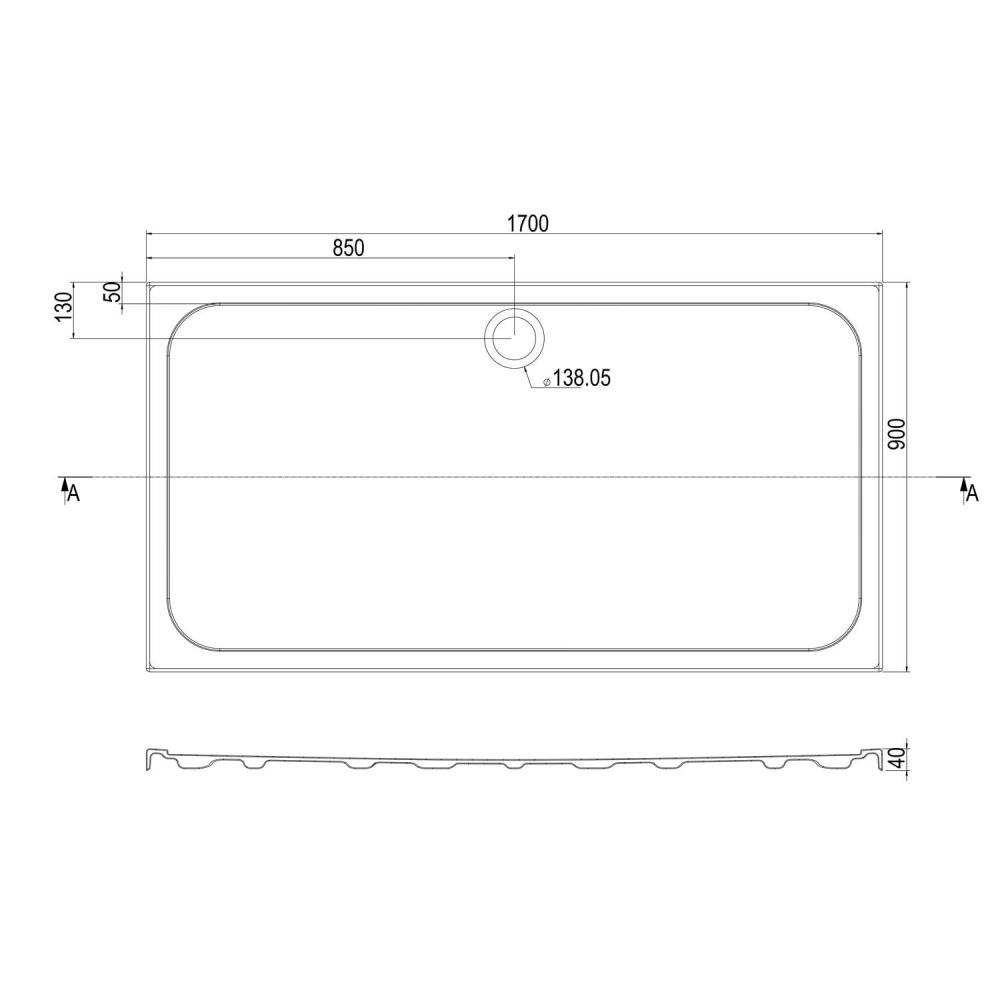 Low Profile Rectangle Shower Tray 1700x900mm Spec Drawing