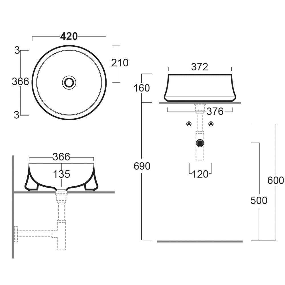Alto White Round Countertop Basin Spec