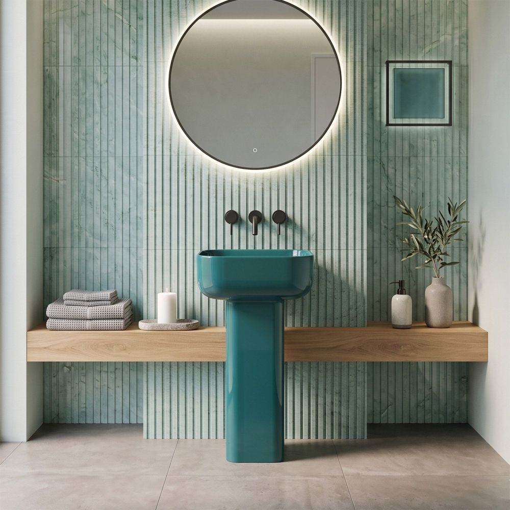 modern mint green blue modern bathroom with glossy square top full pedestal basin in teal