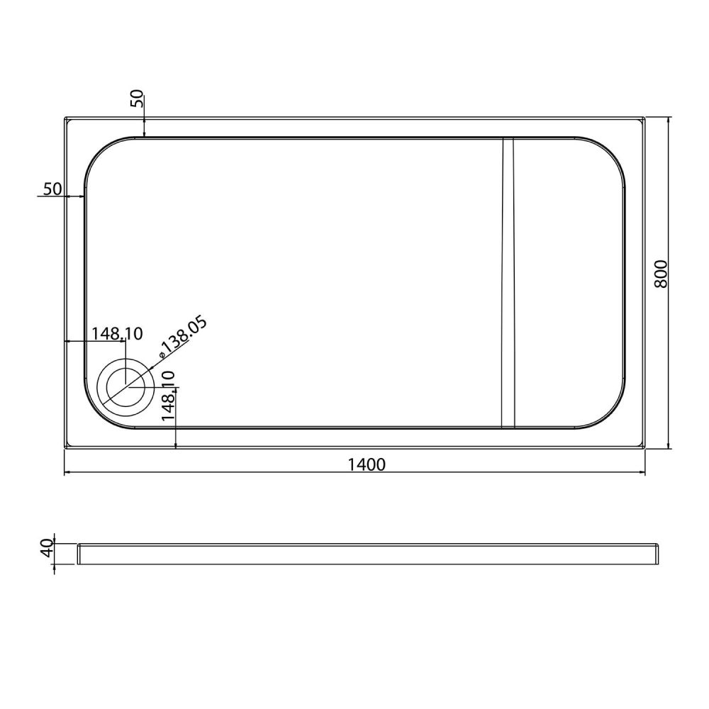 Low Profile Rectangle Shower Tray 1400x800mm Spec Drawing
