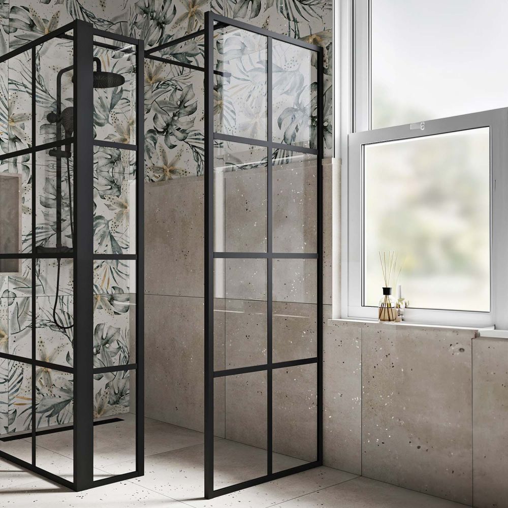 Amien Matt Black Grid Framed Shower Screen 680mm