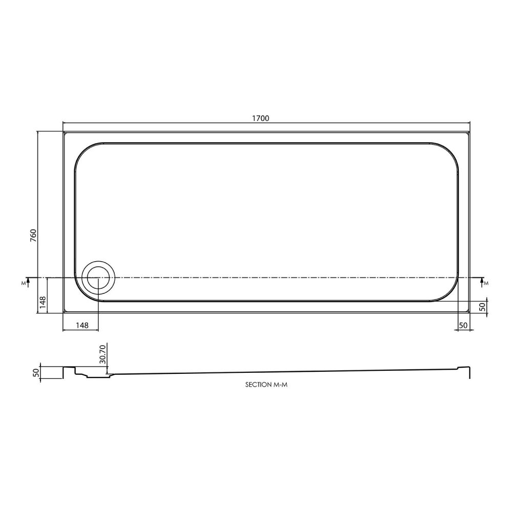 Low Profile Rectangle Shower Tray 1700x760mm Spec Drawing