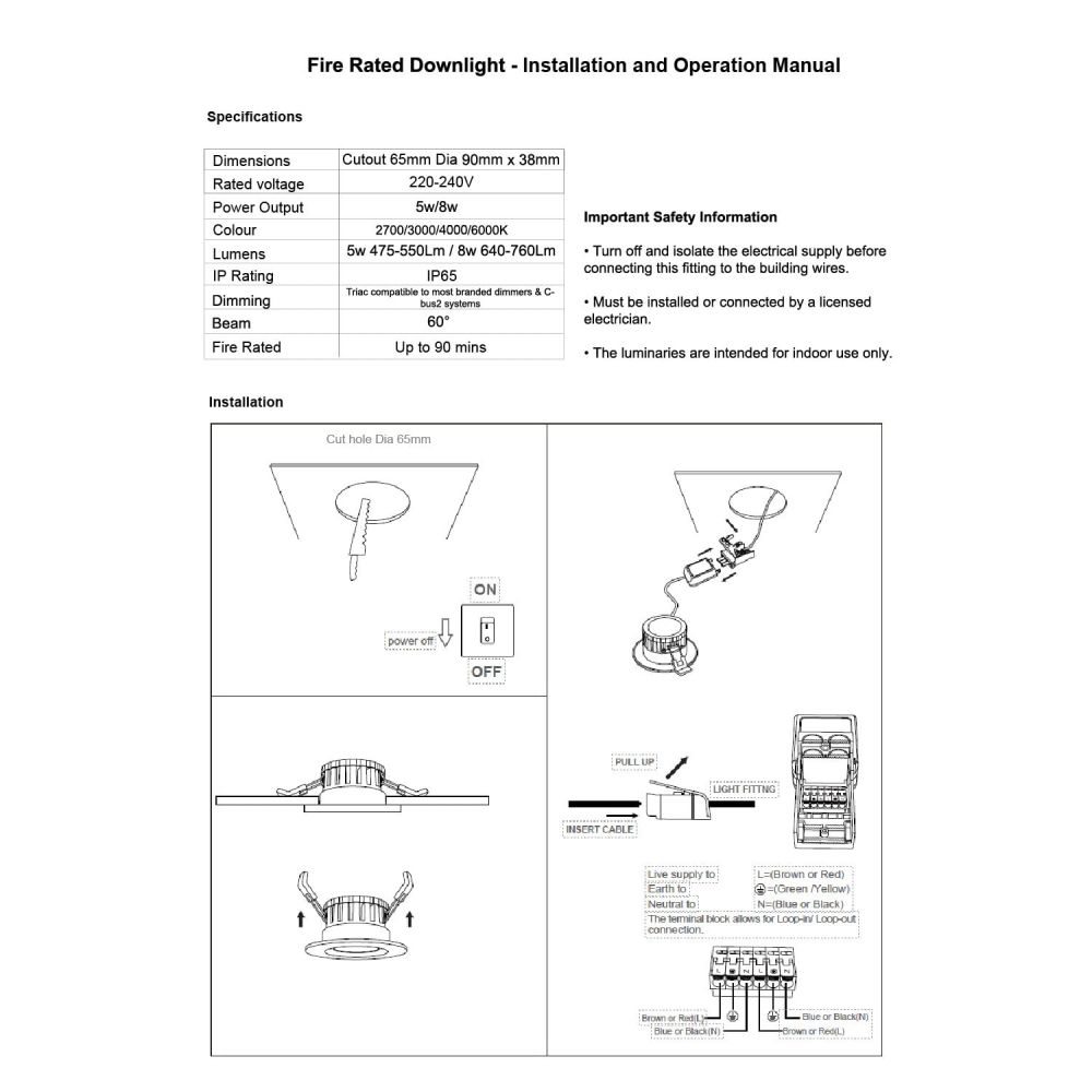Vega IP65 Fire-Rated Fixed LED Downlight Installation and Operation Manual