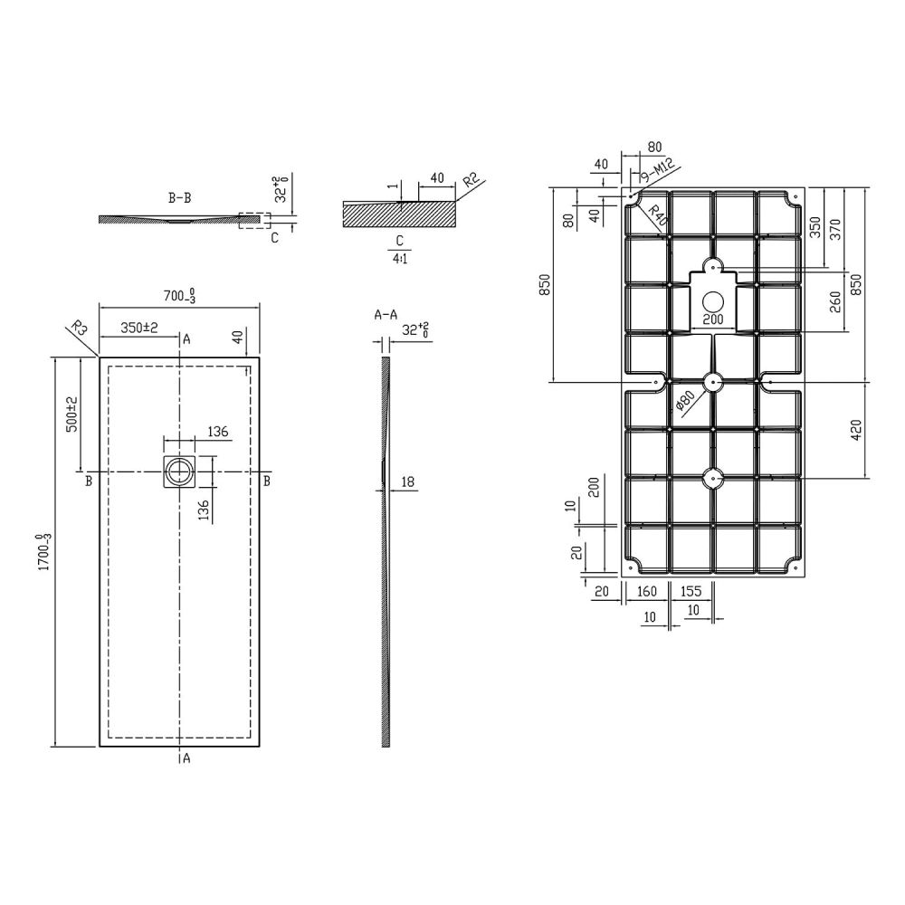 Peoria Rectangle Shower Tray 1700x700mm Spec Drawing