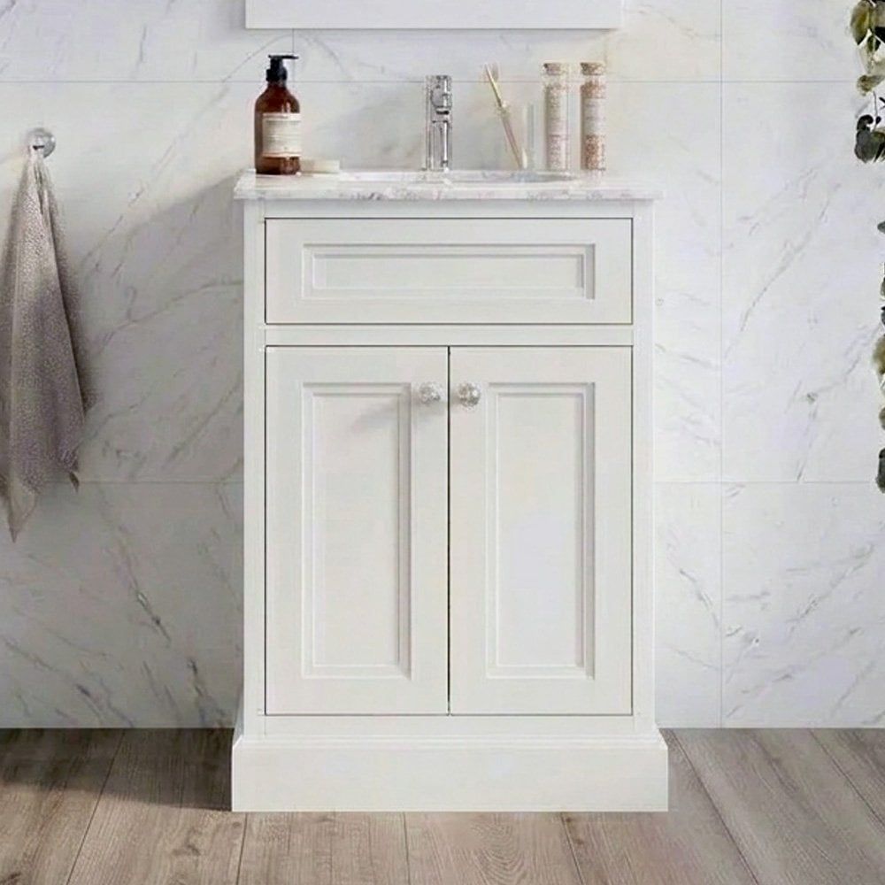 White Marble traditional room set, showing a close up view of the Richmond White Floor Standing Traditional Vanity Unit with White Marble Top 600mm