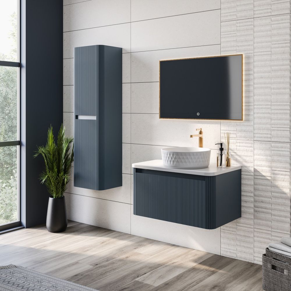 Wish Ribbed Blue Wall Hung Tall Storage Cabinet