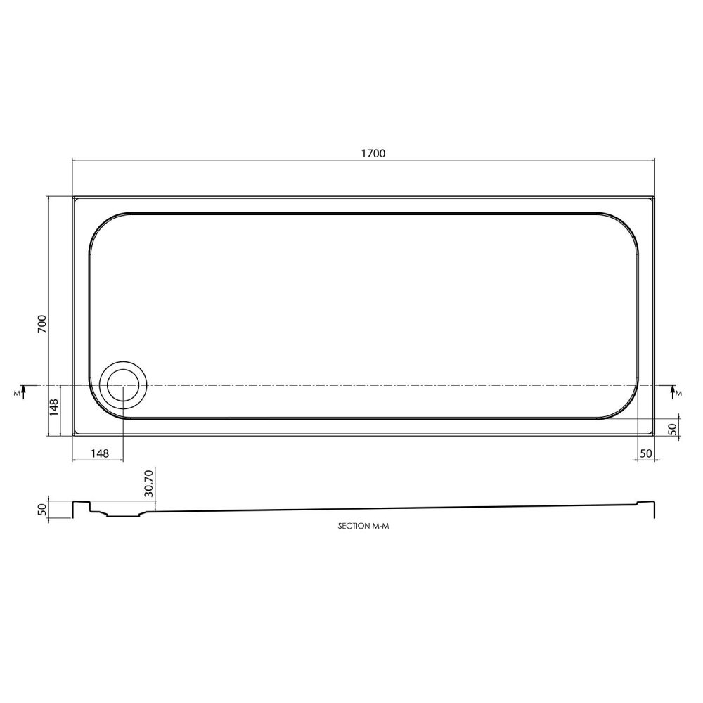 Low Profile Rectangle Shower Tray 1700x700mm Spec Drawing