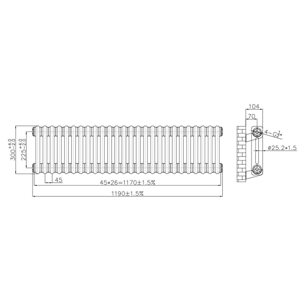 Clement Double Horizontal Column Radiator 300x1190mm Technical Drawing