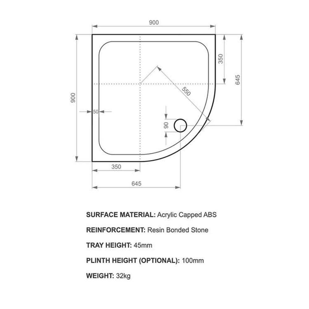 Kstone Quadrant Shower Tray 900x900mm Spec Drawing